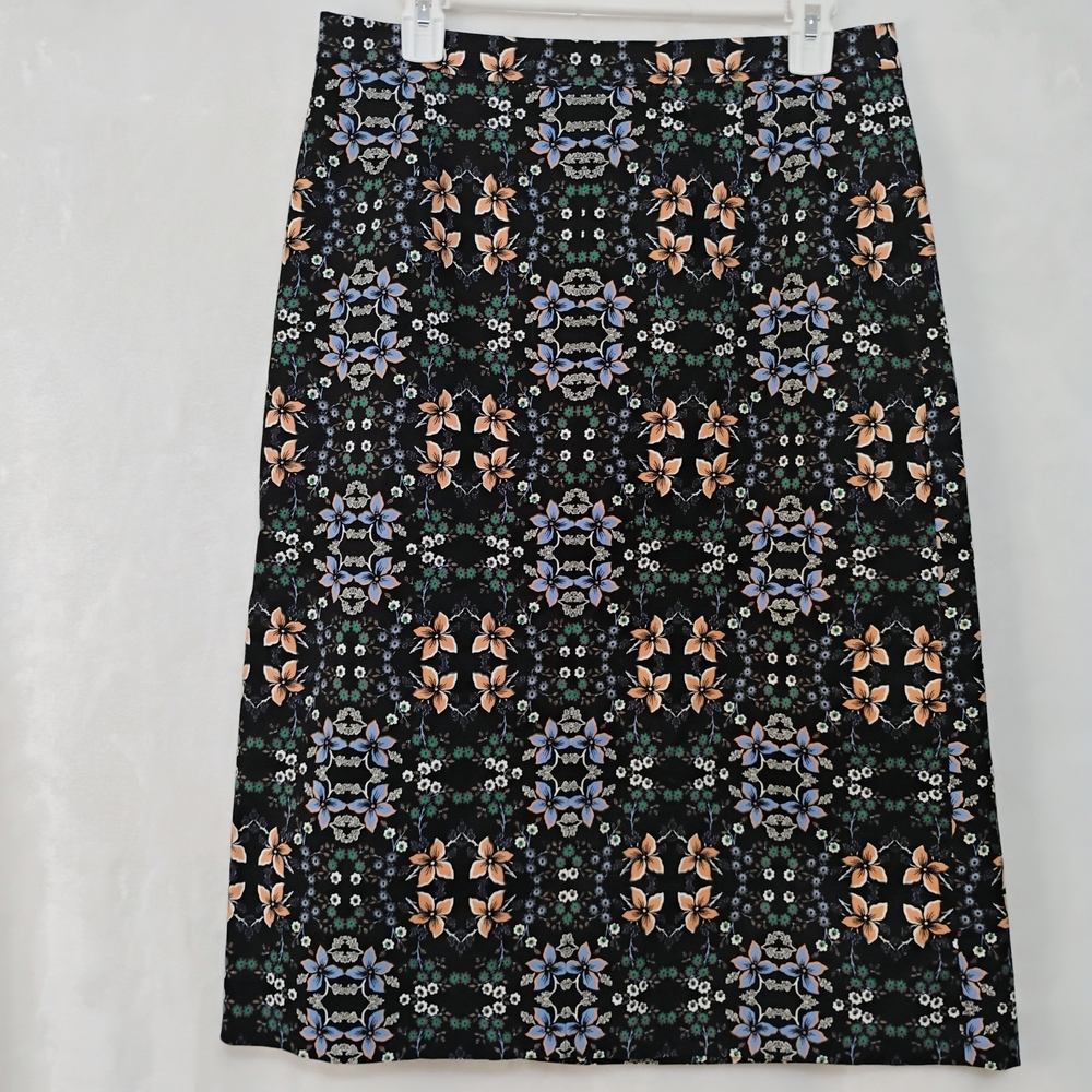 J Crew Floral Pencil Skirt Black Multicolor Stretch Cotton Size 10 Knee Length B